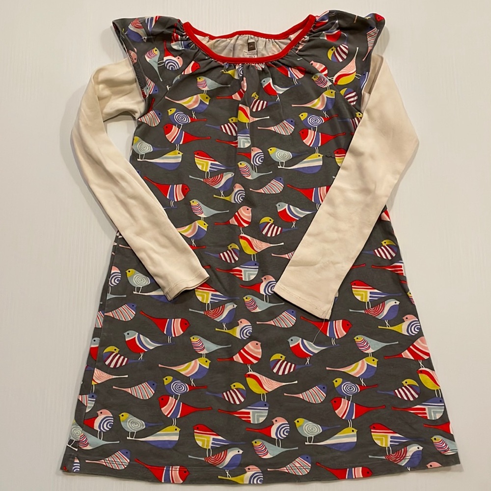 tea long sleeve off white & red, multi colored bird dress, girls size 6